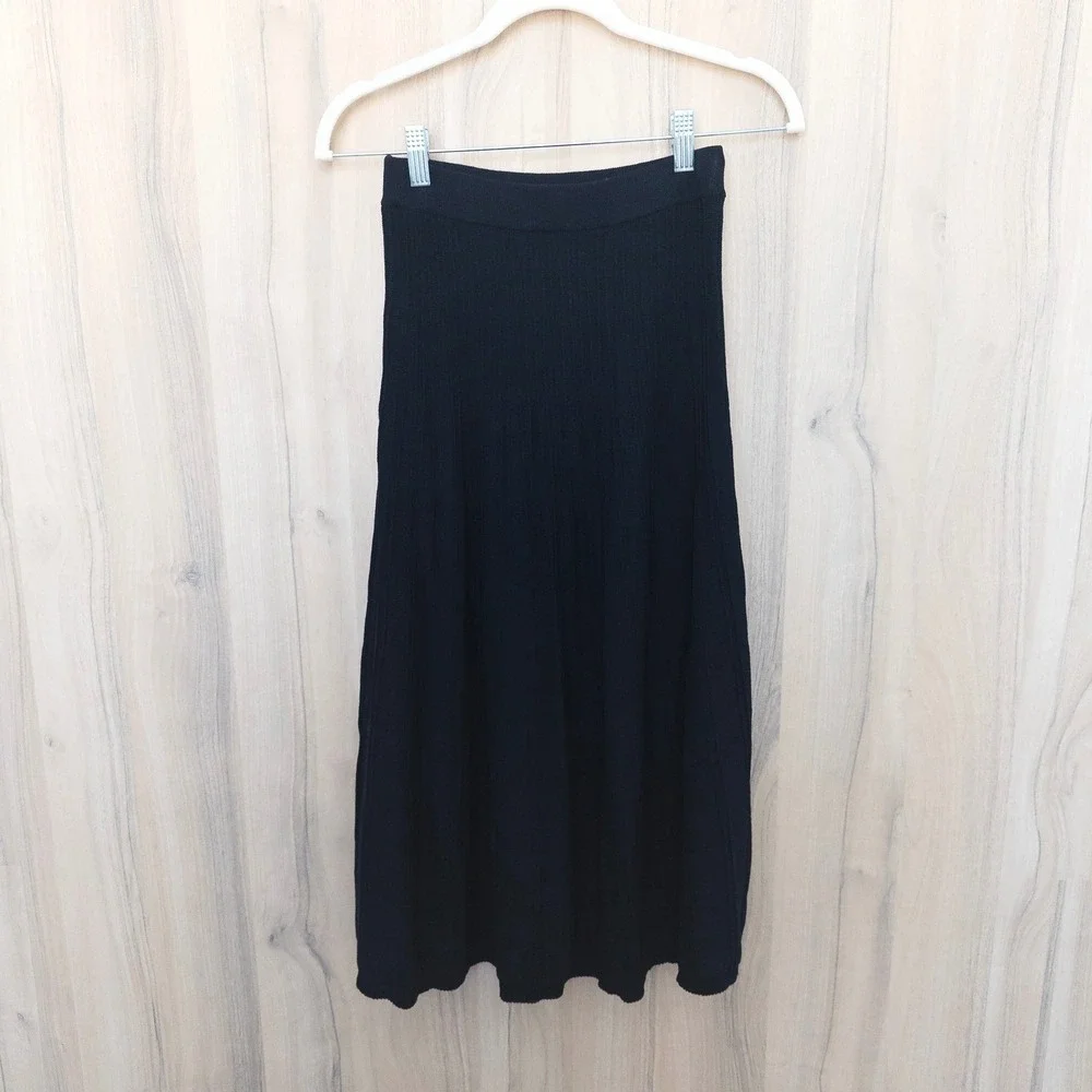 Cider Ribbed Knit Pleated Midi Skirt XS Black Button Front Academia Parisian